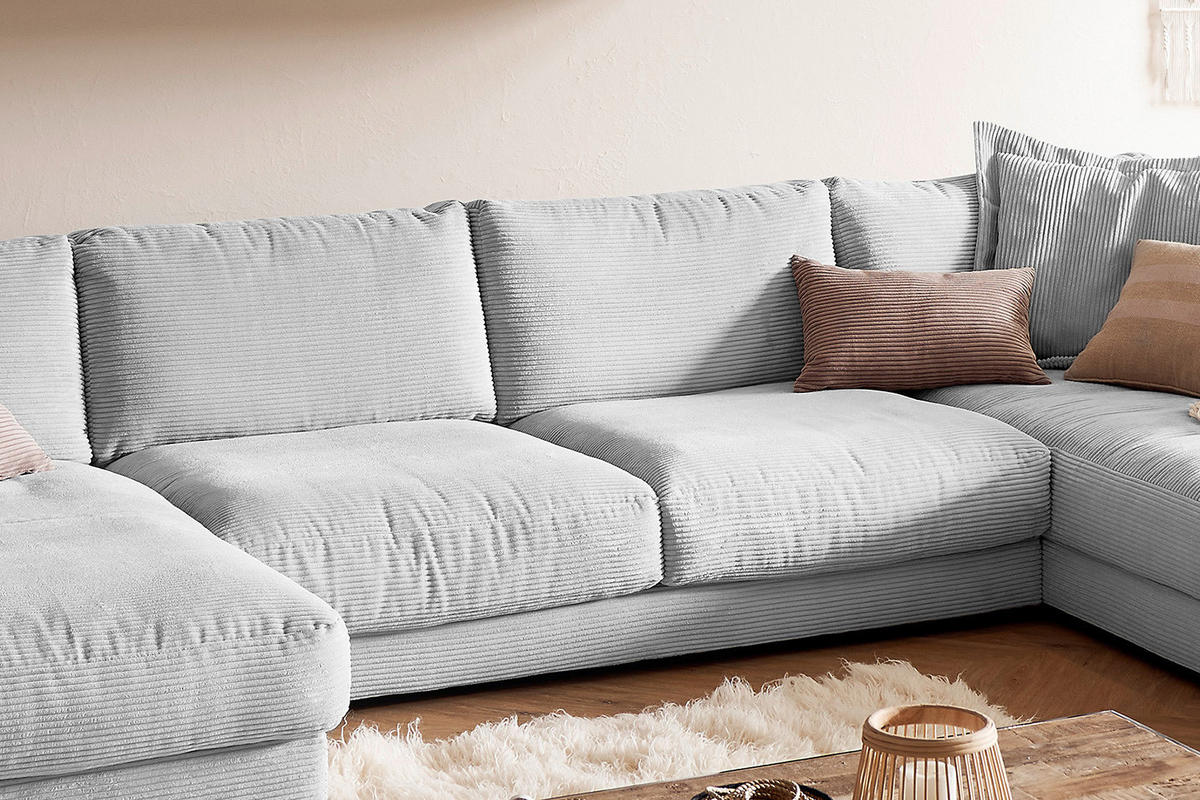 WOHNLANDSCHAFT MADELINE Hellgrau Cord - Hellgrau/Schwarz, Kunststoff/Textil (425/86/224cm) - KAWOLA