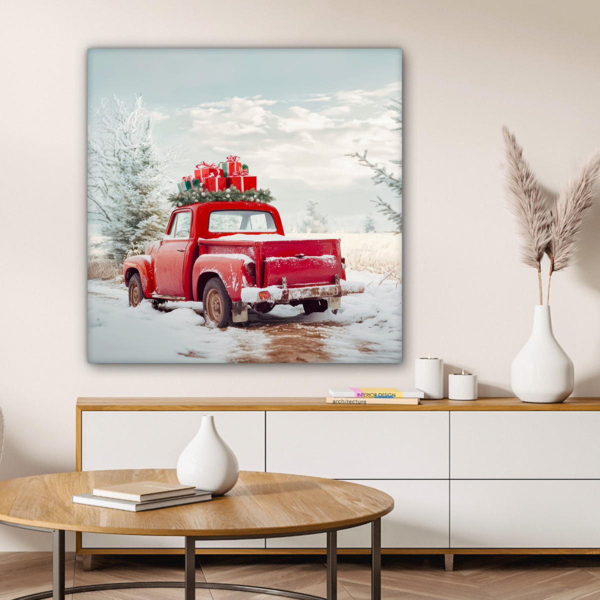 LEINWANDBILD Auto - Rot - Geschenke - Winter - Schnee - Weihnachten 90x90 cm - Rot, Textil (90/90cm) - MuchoWow