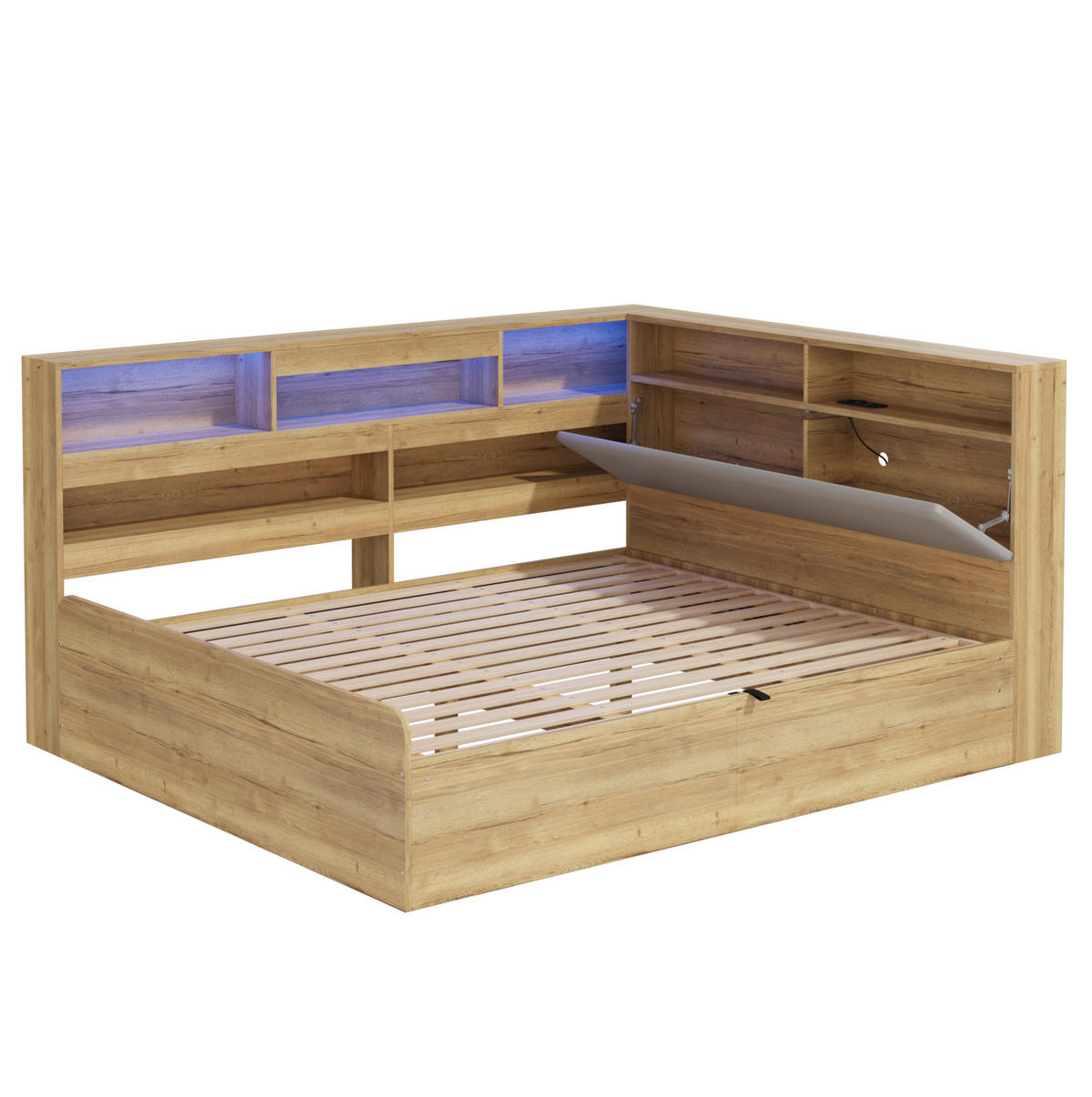 KINDERBETT 140/200 cm aus MDF mit hydraulischem Stauraum, LED-Beleuchtung und USB-Ladestation, Natur - Naturfarben, Holzwerkstoff (140/200cm) - Redom