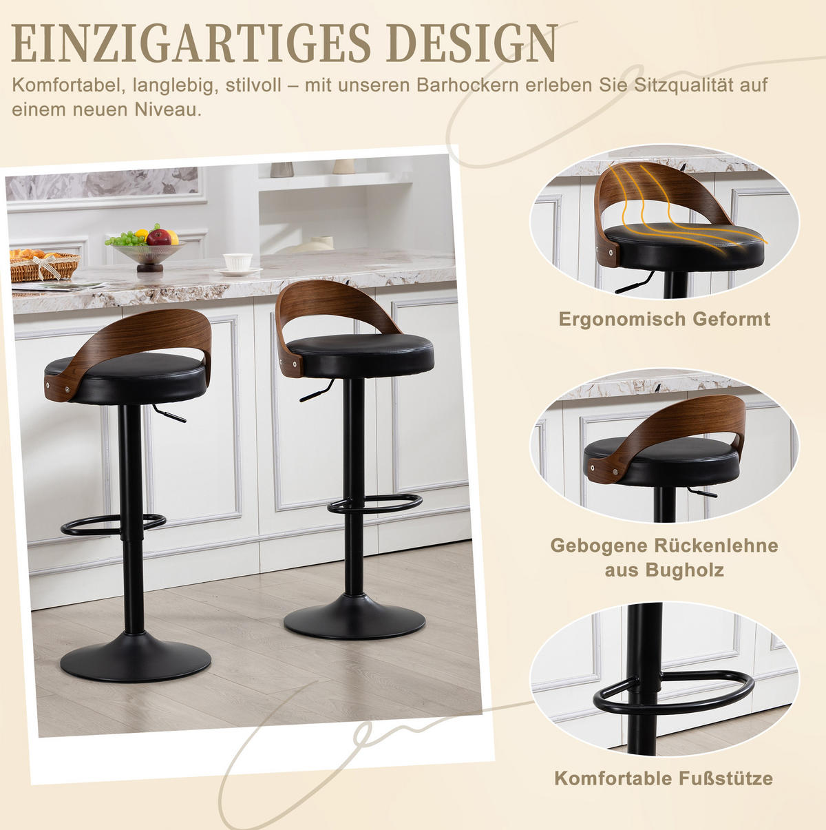 BARHOCKER 2er-Set mit Rückenlehne, 360° drehbar und höhenverstellbar - Schwarz, Kunststoff (42/77/42.5cm) - MIVRAY