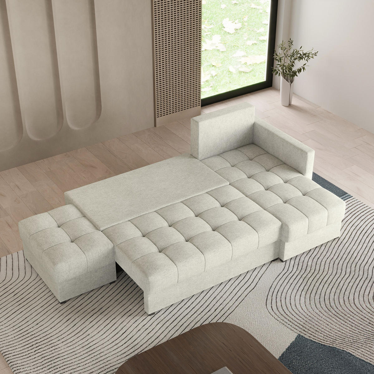 ECKSOFA LUMARI R-S Creme Plüsch-Stoff mit Schlaffunktion - Creme, Holz (262/143cm) - MASSENO