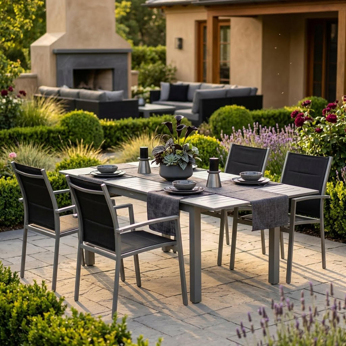 GARTEN-GARNITUR Ashford - 7-teilige Garten-Essgruppe (6x Stapelsessel mit Aluminiumgestell, Bespannung Textillehne schwarz, Ausziehtisch - Schwarz, Metall - TPFGarden