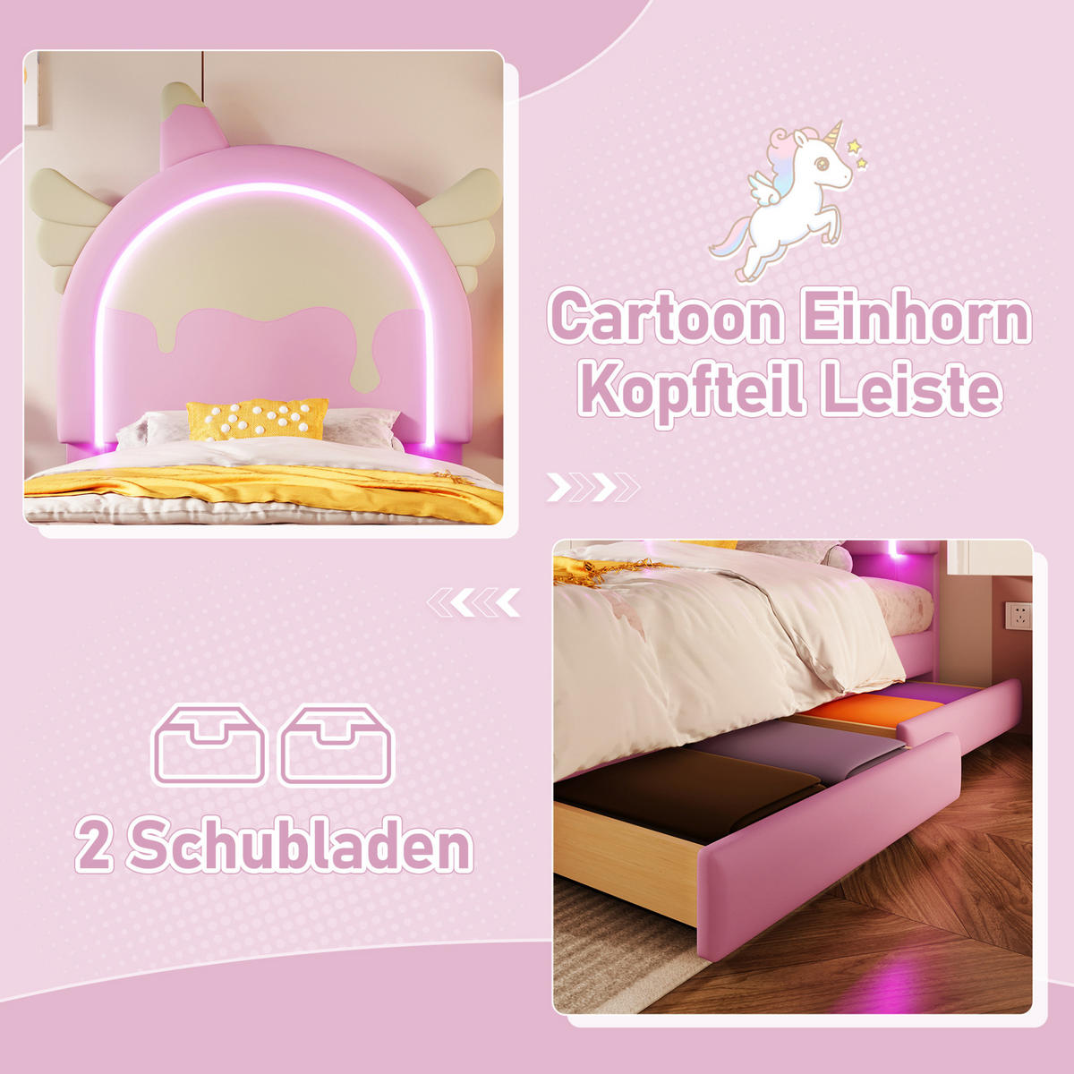 POLSTERBETT 90/200 cm mit LED-Leuchtleiste, 2 Schubladen und Einhorn-Design, Rosa - Rosa, Kunststoff (90/200cm) - Redom