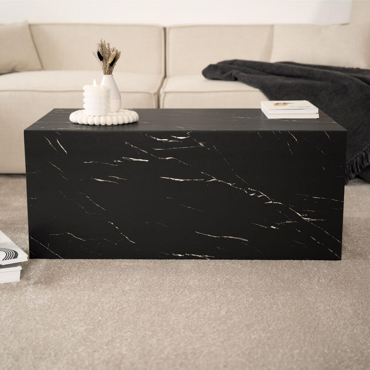 COUCHTISCH Marmor AMIRI L - 95 x 50 cm Schwarz - Schwarz, Holzwerkstoff/Textil (50/95/40cm) - Home Deluxe