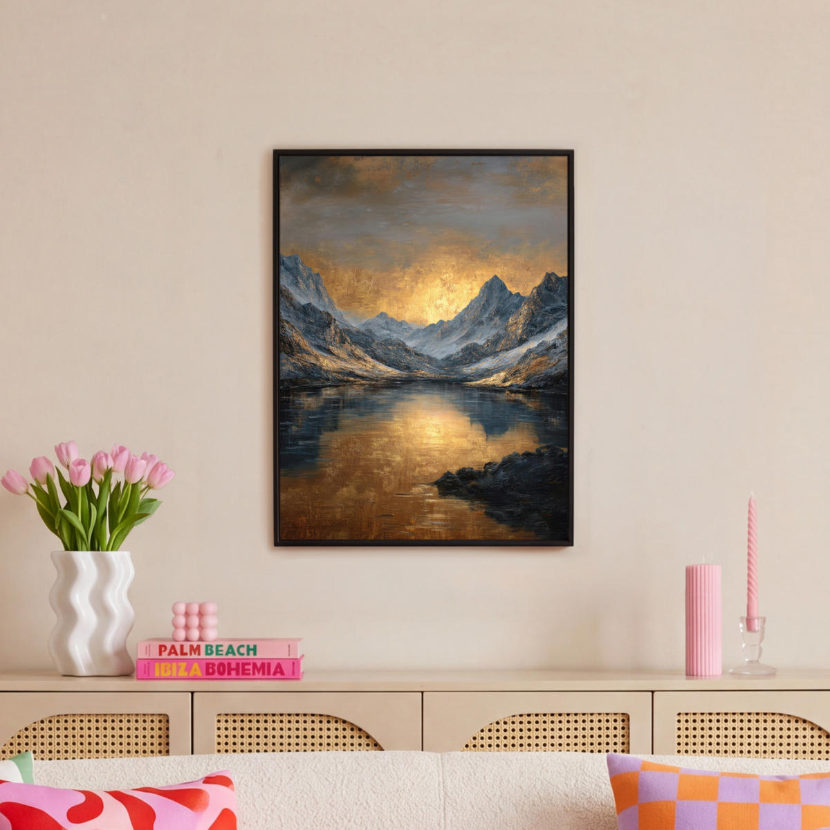 LEINWAND Bilder mit Rahmen - Bergkulisse mit goldenem Sonnenuntergang - 50x70 - Goldfarben, Textil (50/70cm) - MuchoWow