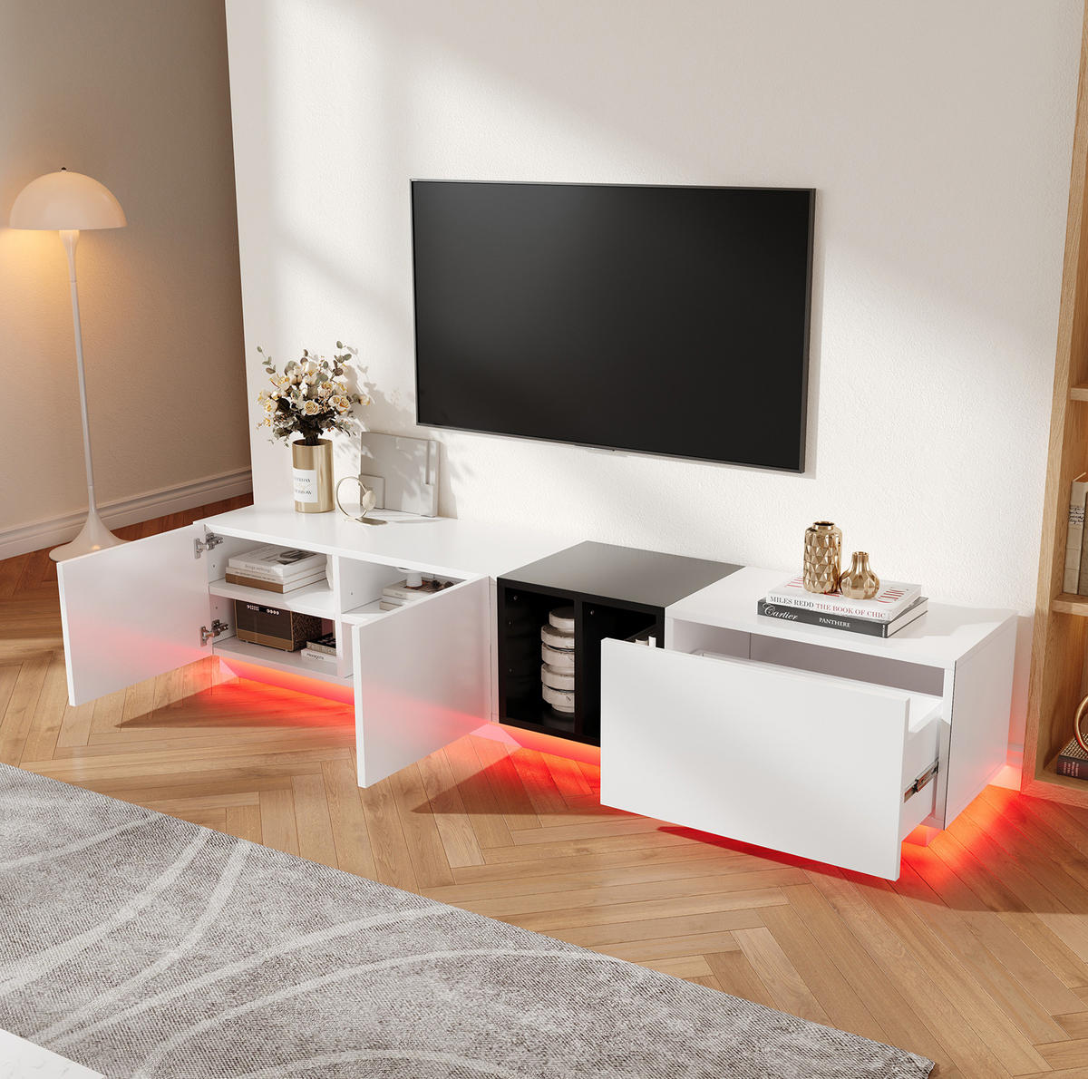 TV ormarić 190/40/35 cm bijeli od drvnog materijala s ladicama i otvorenim policama - bijela, drvni materijal (190/35/40cm) - OKWISH