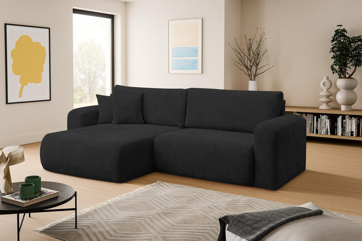 ECKSOFA Roma, Eckcouch in L-Form mit Schlaffunktion und Bettkasten, Farbe: Schwarz, Cordstoff, Ottomane Universal - Schwarz, Textil (244/142cm) - VENASI MÖBEL