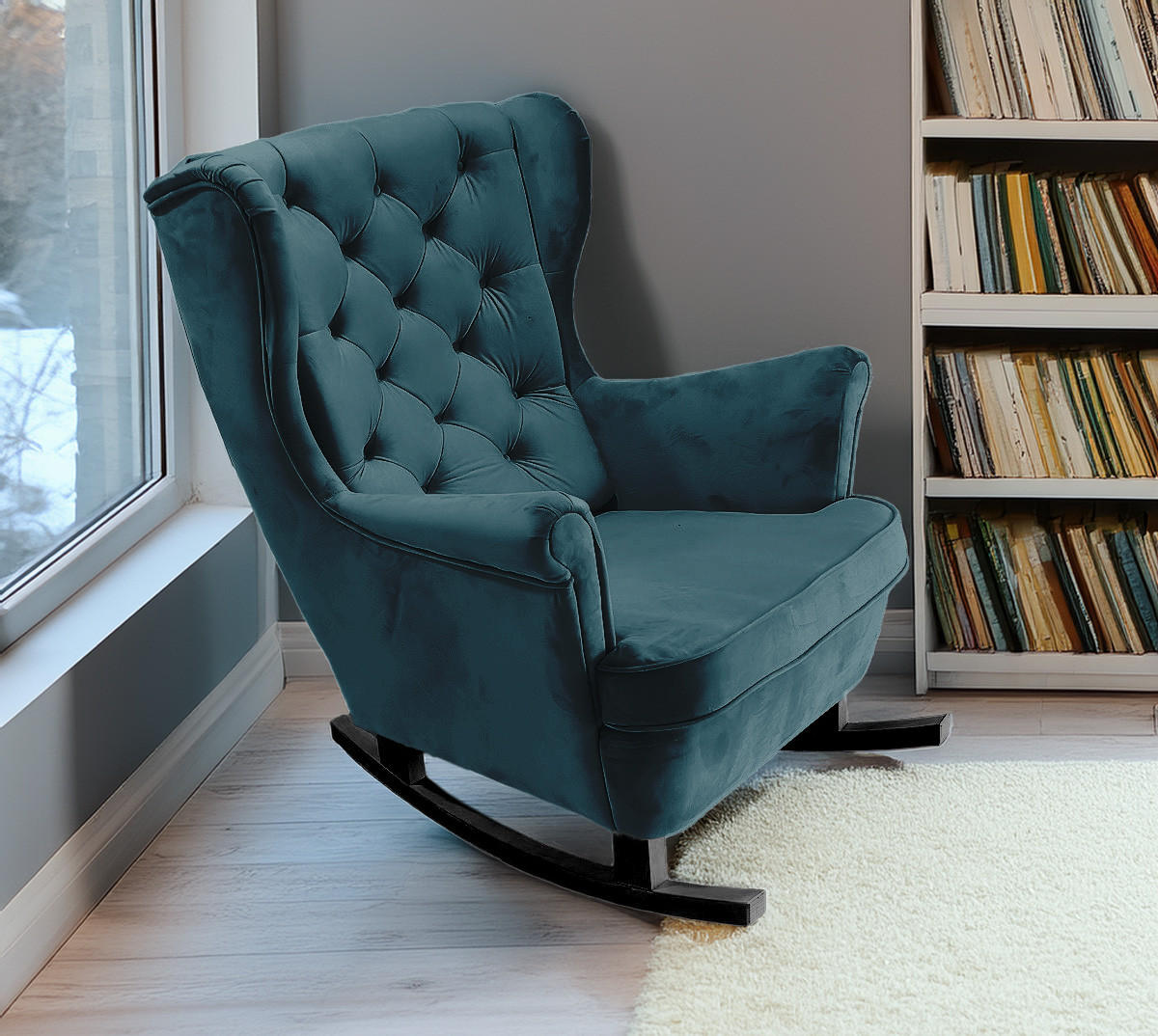 SCHAUKELSESSEL mit gepolstertem Sitz und Armlehnen, 102x81x95 cm, Marine_29860 - Petrol/Schwarz, Holz/Textil (81/102/95cm) - DomoHome