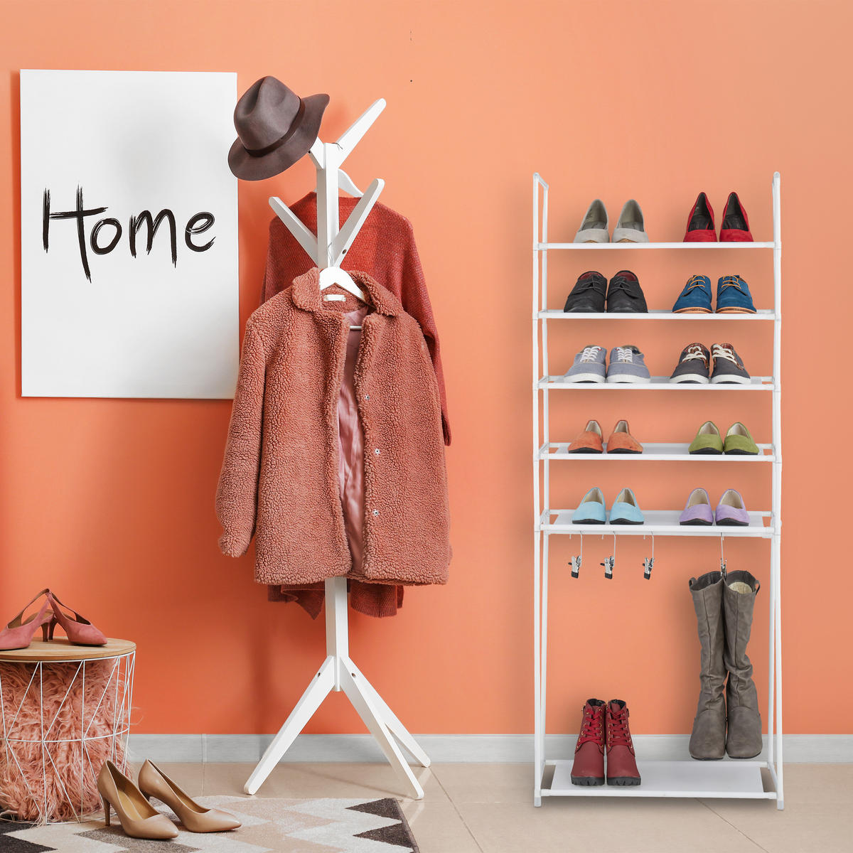 SCHUHREGAL - Weiß, Kunststoff/Textil (60/154/30cm) - Relaxdays