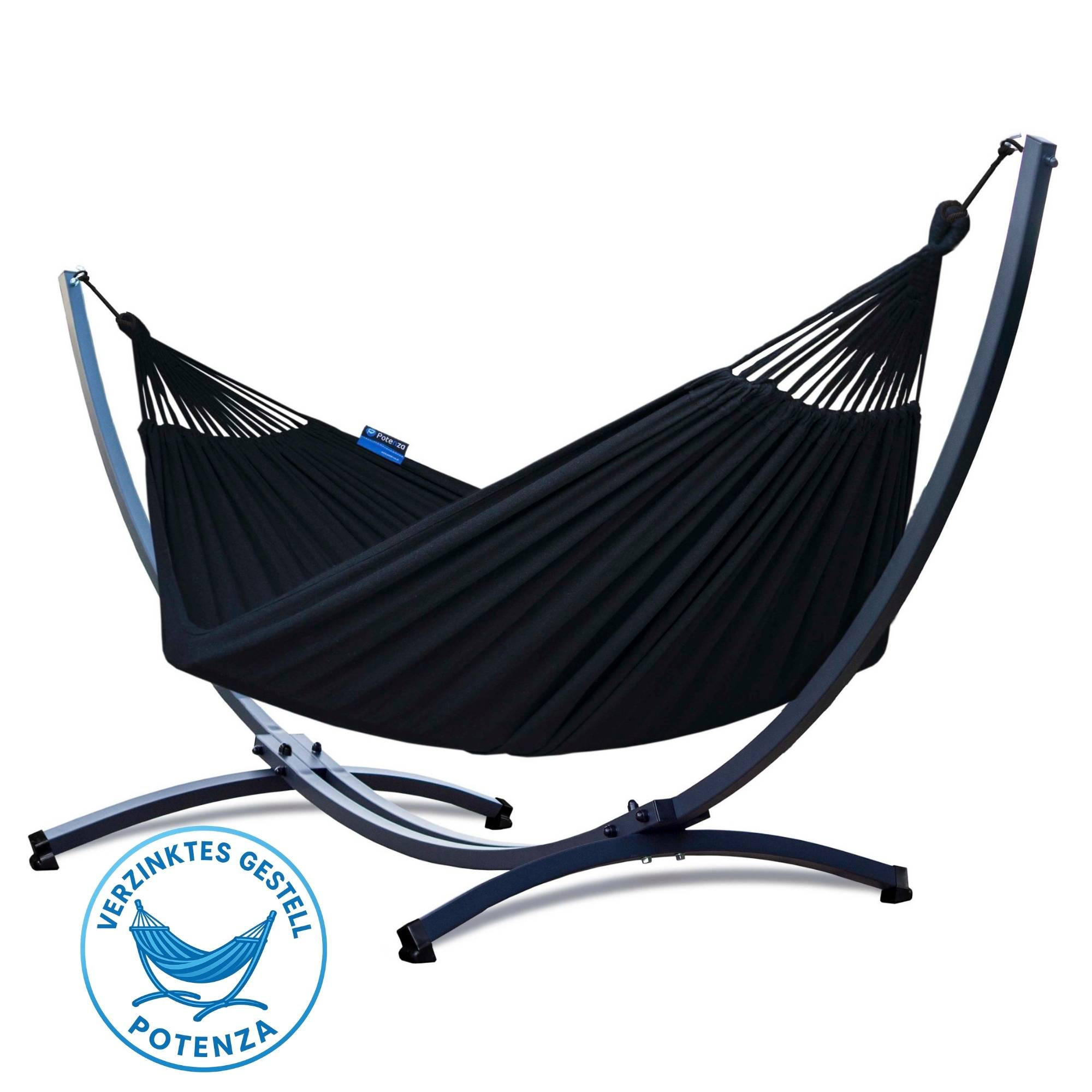 HÄNGEMATTE mit Verzinktem Gestell, 2 Personen, XXL, 200 kg, Metall, Schwarz, einfache Montage - Schwarz, Metall (370/130/120cm) - Potenza