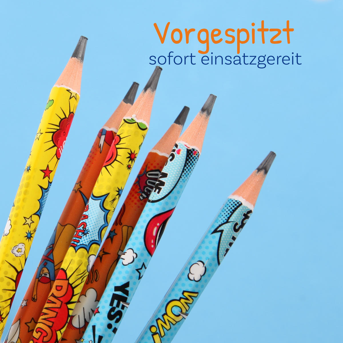 BLEISTIFT 1 x 6er Set Zeichenstifte aus Holz für Kinder und Erwachsende, Comic Design - Vorgespitzte Holzstifte mit Radiergummi zum Malen - Rot/Multicolor, Naturmaterialien (9/19cm) - Bestlivings