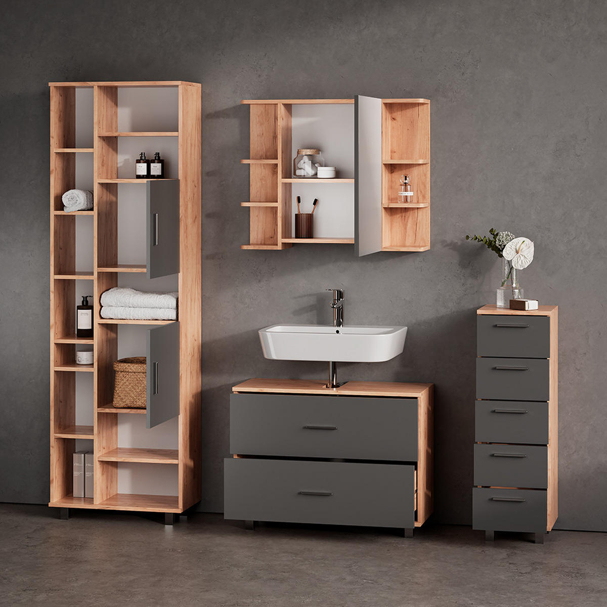 BADMÖBEL-SET Eisak Eiche 4 Teile, mit Hochschrank - Eichefarben/Anthrazit, Holzwerkstoff (80/60/33cm) - Livinity®