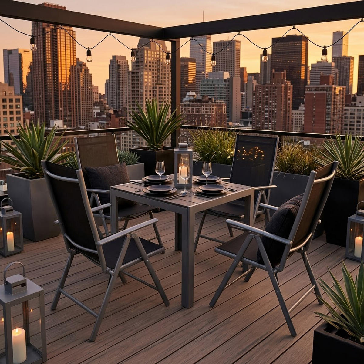 GARTEN-GARNITUR Ashford - 5-teilige Garten-Essgruppe (4x Klappsessel mit Armlehnen, 1x Tisch 70x70cm), Gestelle aus Aluminium grau - Schwarz, Metall - TPFGarden