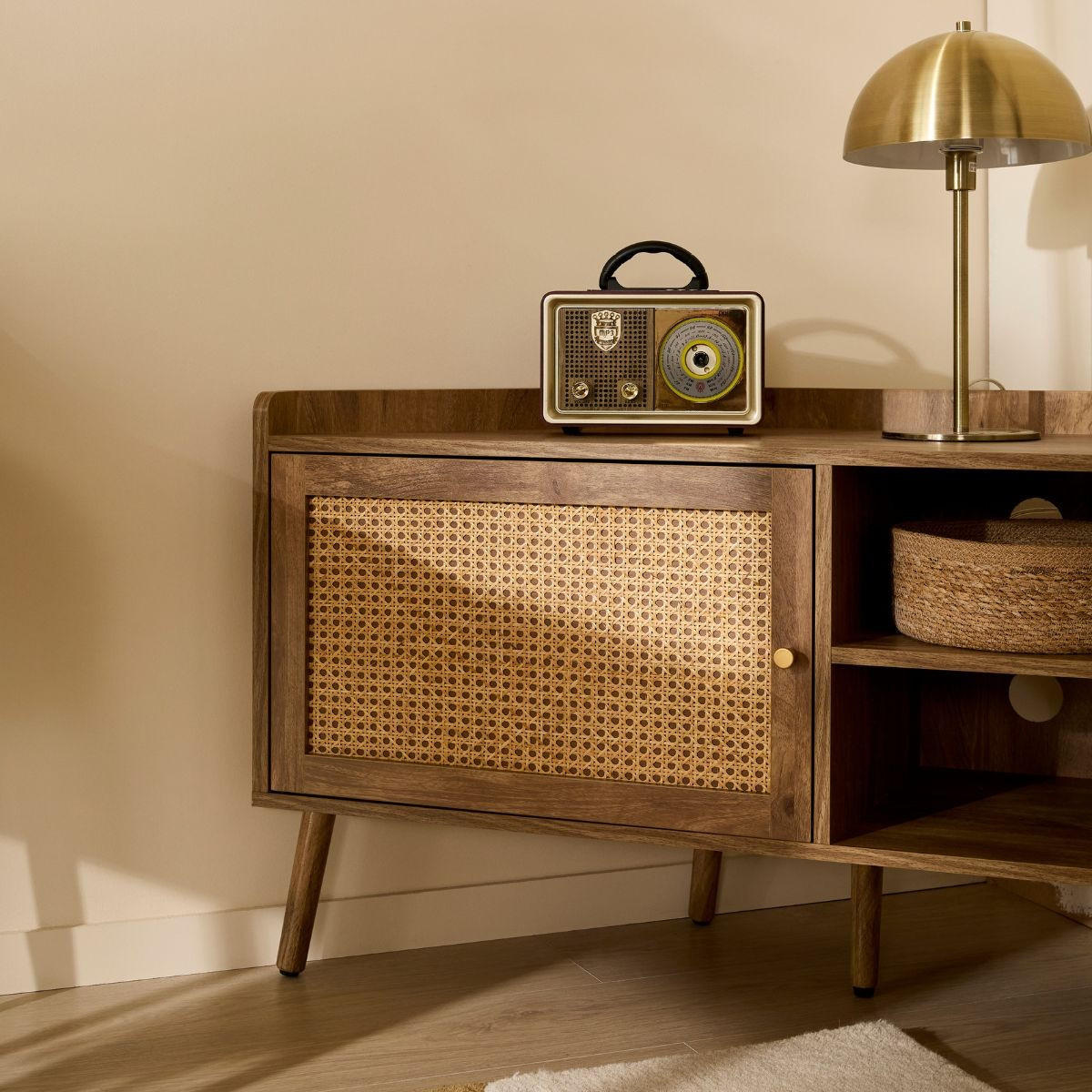 ECK-TV-MÖBEL mit 1 Tür und Rattanfront sowie 2 offenen Fächern, L120 cm 40/120/60 cm - Apfelbaumfarben, Holzwerkstoff (40/60/120cm) - Calicosy