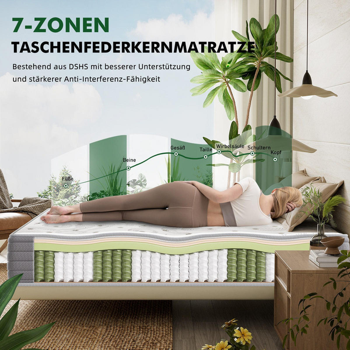 TASCHENFEDERKERNMATRATZE 180×200 cm, 22 cm Höhe, 7-Zonen Federkernmatratze Komfortschaum-Hybridmatratze,Weiß - Weiß, Metall (180/200cm) - CHICASA