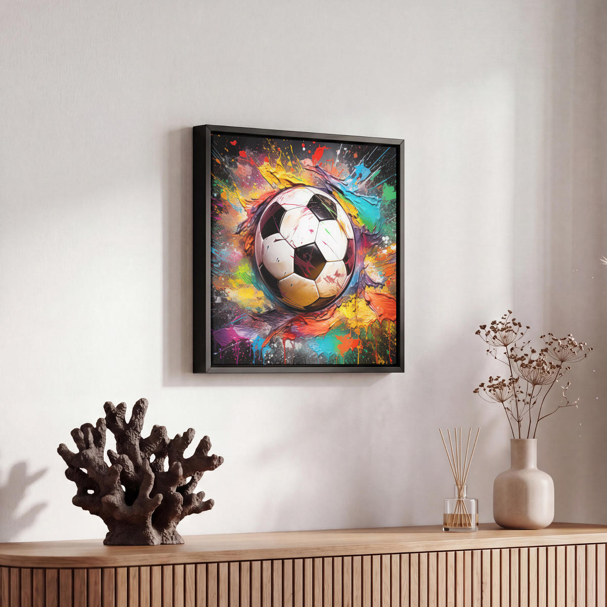 LEINWAND Bilder mit Rahmen - Fußball - Farbe - Farben - Schwarz - Weiß - 20x20 - Weiß, Textil (20/20cm) - MuchoWow