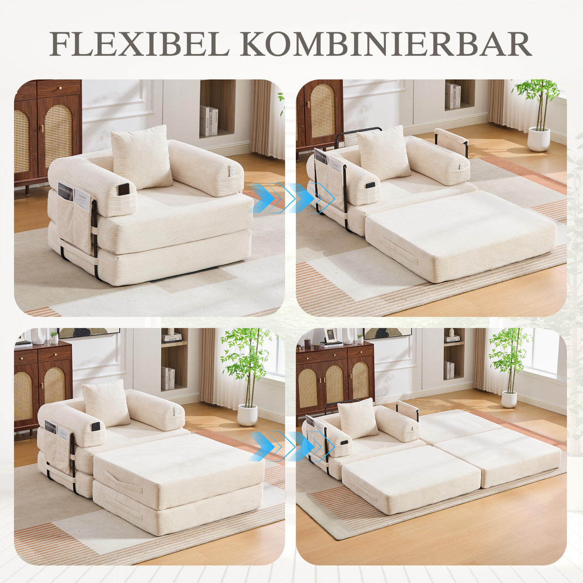 SCHLAFSOFA aus Cord 112x190x67 cm Beige mit Hocker, Seitentasche und Kissen, montagefrei - Beige, Textil (112/67/190cm) - Modfu
