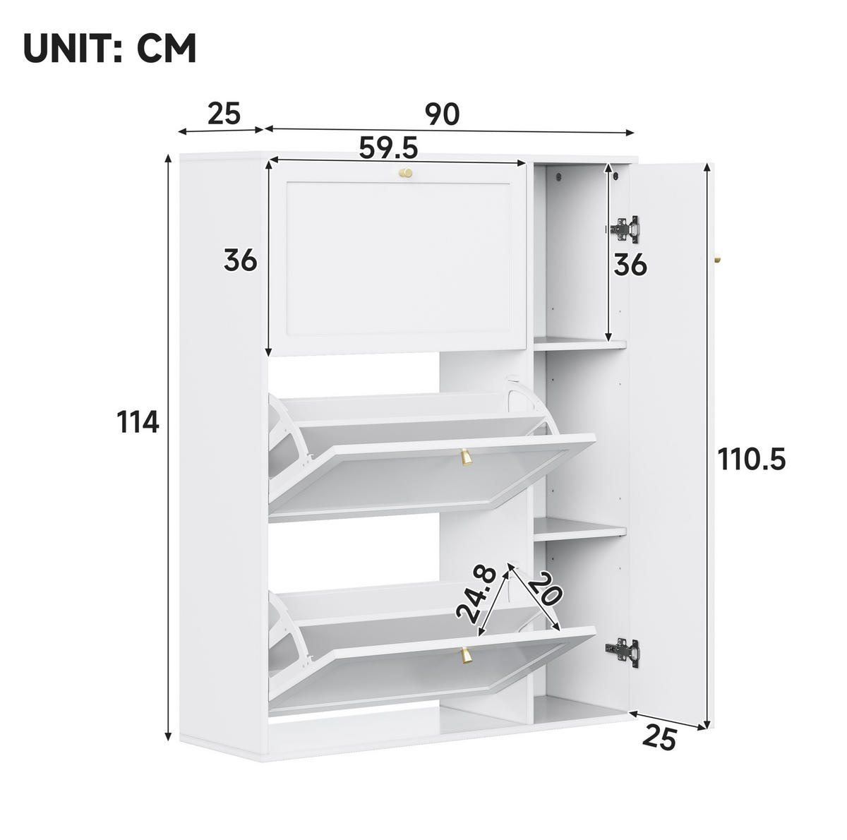 SCHUHSCHRANK 90/25/114 cm mit 3 Klappen und 1 Tür, schmales Design in Weiß - Weiß, Holzwerkstoff (90/114/25cm) - BEAOK