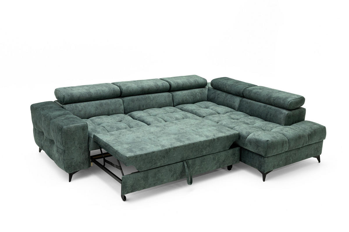 ECKSOFA PUDDING L Rechts mit Schlaffunktion 128x197 Velours Jadegrün - Jadegrün/Schwarz, Holz/Textil (204/270cm) - Muffo