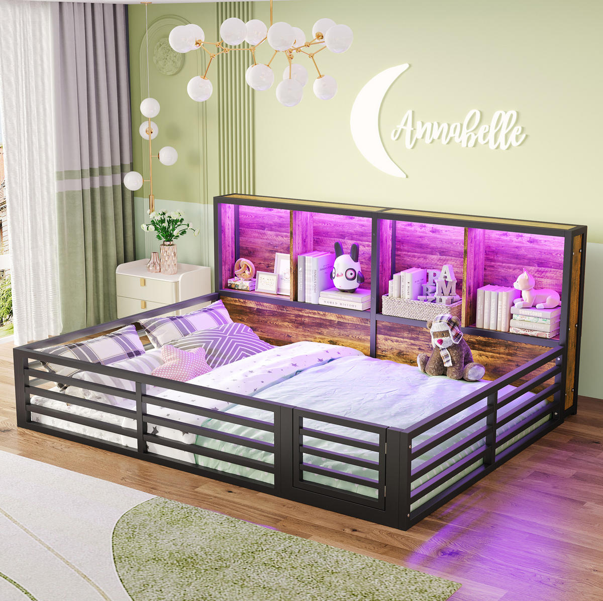 BETT aus Metall und MDF 140x200 cm Schwarz mit Lattenrost, Ablagefächern und LED-Beleuchtung - Schwarz, Metall (140/200cm) - IVMEU
