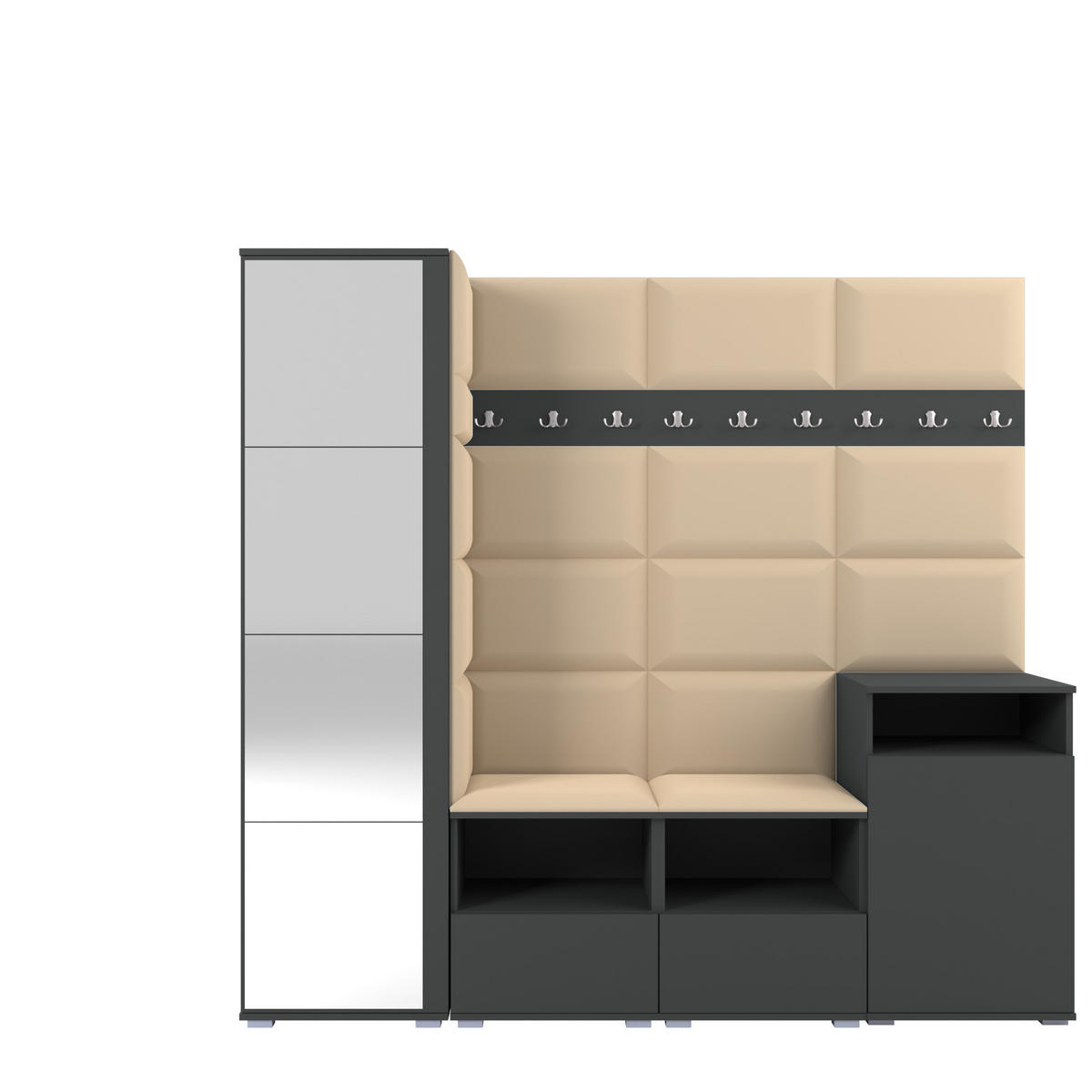 GARDEROBE NELA X 200 cm (Modulare Flurmöbel Graphit mit Spiegel & Sitzpolster Beige 04 Schrank + Sideboard) - Beige/Silberfarben, Holz/Holzwerkstoff (200/187/40cm) - Ravio