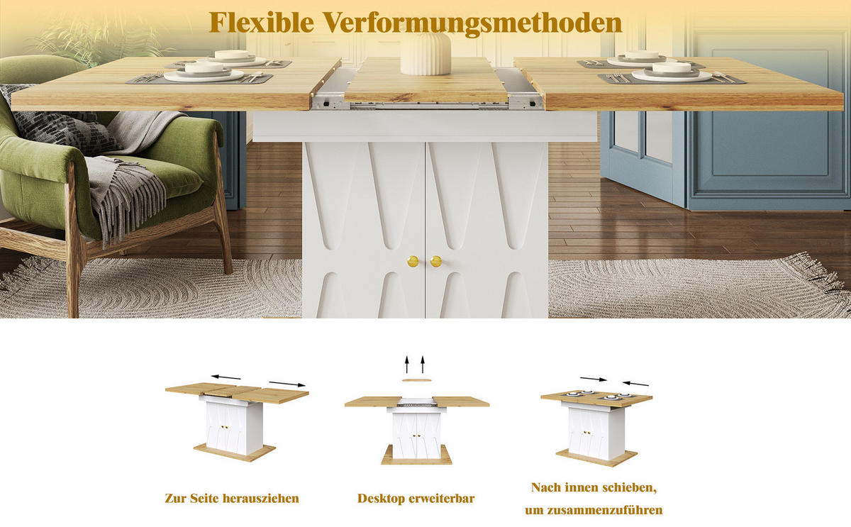 ESSTISCH ausziehbar mit Stauraum, MDF & Metall, 110(140)/70/76,5 cm, Weiß - Weiß, Holzwerkstoff (110/70/76.5cm) - Redom