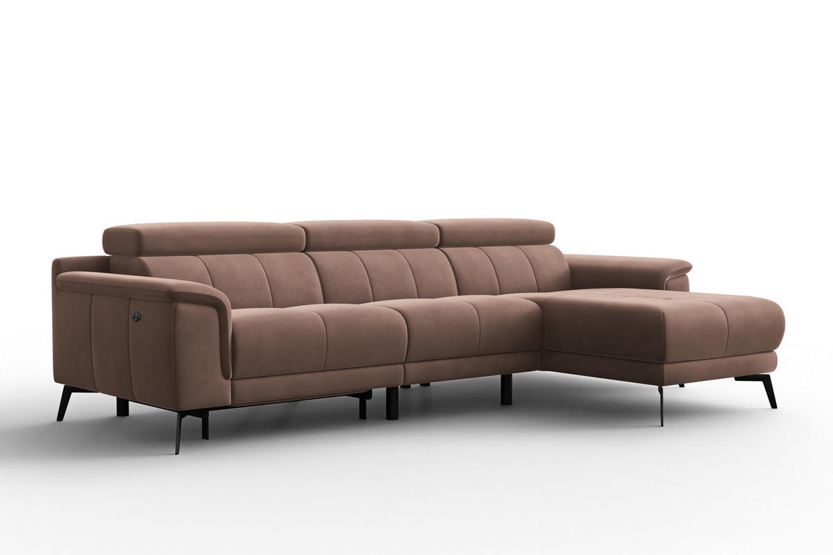 ECKSOFA FIERO 4-Sitzer RECHTS, Brauner Veloursstoff - Schwarz/Braun, Holz/Textil (288/170cm) - Courtois Laville