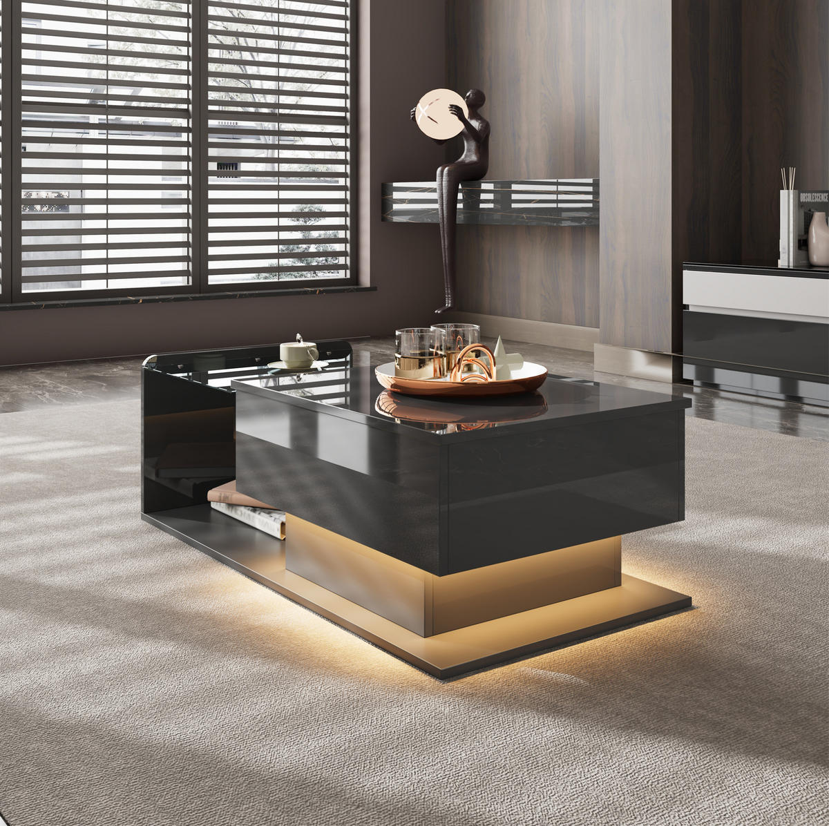 COUCHTISCH 100/50 cm Schwarz aus Spanplatte und Glas mit höhenverstellbarer Platte und LED - Schwarz, Holzwerkstoff (100/50/33cm) - OKMYHOME