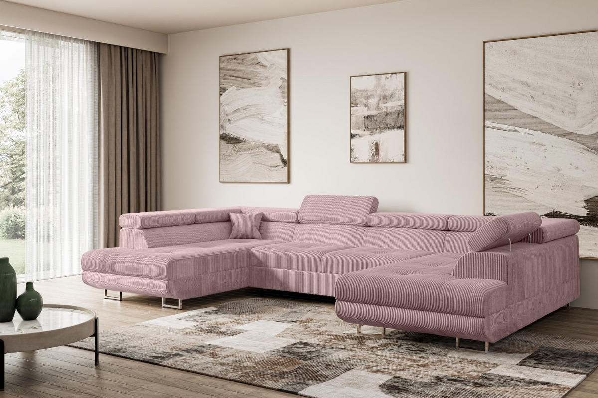 WOHNLANDSCHAFT mit Schlaffunktion und Bettkasten GUSA-U 342x202x107 cm Rosa Cord - Silberfarben/Rosa, Holzwerkstoff/Textil (342/107/202cm) - ALTDECOR