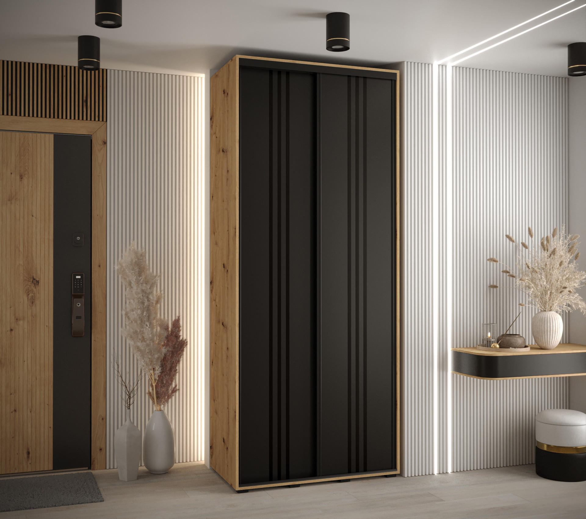 SCHWEBETÜRENSCHRANK 235,2/120/45 2-türig - Schwarz/Eiche Artisan, Holz/Metall (120/235/45cm) - Abiks Möbel