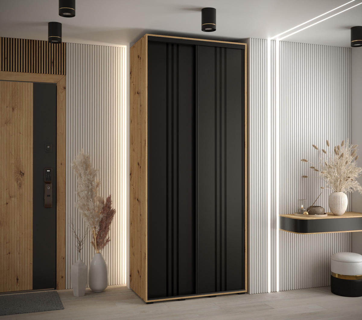 SCHWEBETÜRENSCHRANK 235,2/100/60 2-türig - Schwarz/Eiche Artisan, Holz/Metall (100/235/60cm) - Abiks Möbel