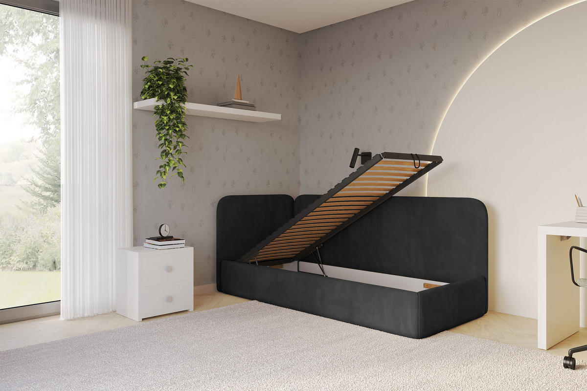 EINZELLBETT Jugendbett mit Bettkasten und Matratze H3/H4, Rechts - ELSY 80x200 Schwarz - Anthrazit, Holzwerkstoff/Textil (80/200cm) - ALTDECOR
