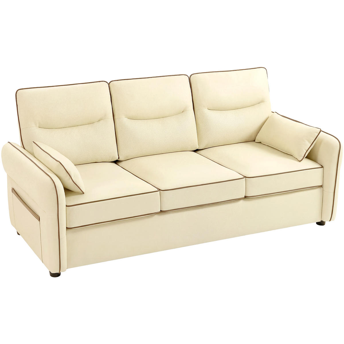 SOFA, 3-Sitzer, Kunstleder, dicke Polsterung, Seitentasche, beige, 190x83x90cm - Multicolor, Holzwerkstoff (190/90/83cm) - FORIOUS