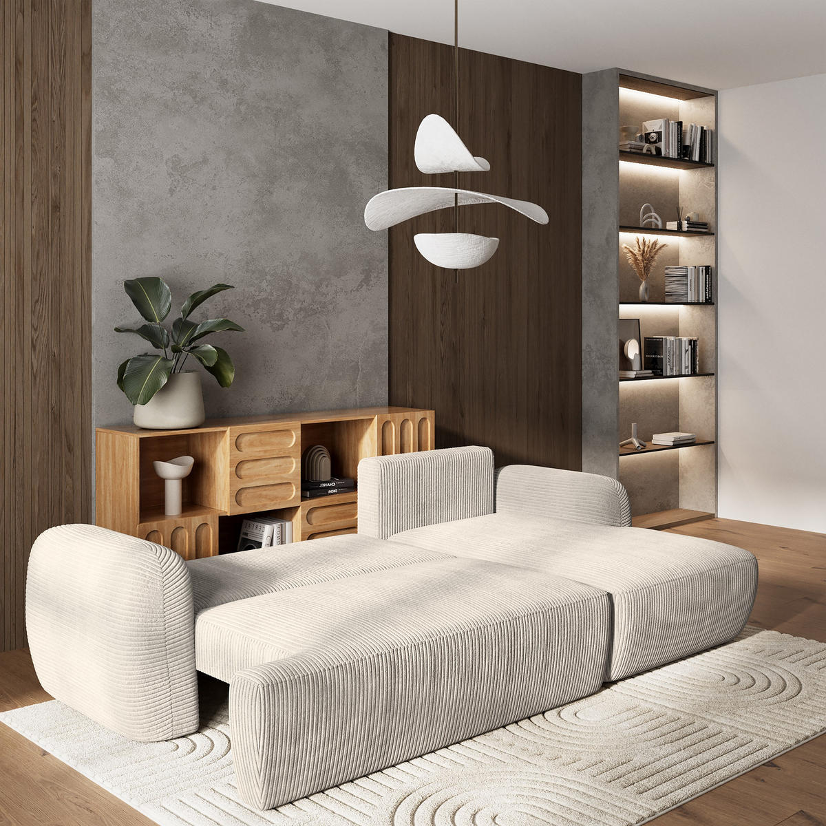 ECKSOFA MODENZA P R-S Creme Kordstoff mit Schlaffunktion - Creme, Holz (266/148cm) - MASSENO