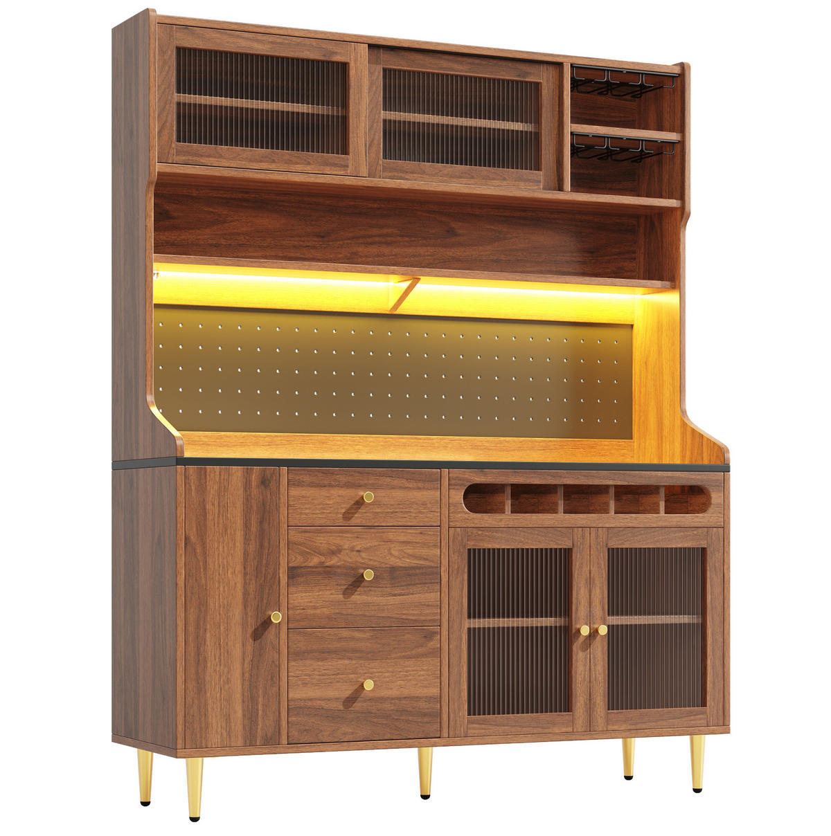 BUFFET 145/39/171 cm in Walnuss mit LED-Beleuchtung und Weinregal - Walnussfarben, Glas (145/171/39cm) - Flora Grace