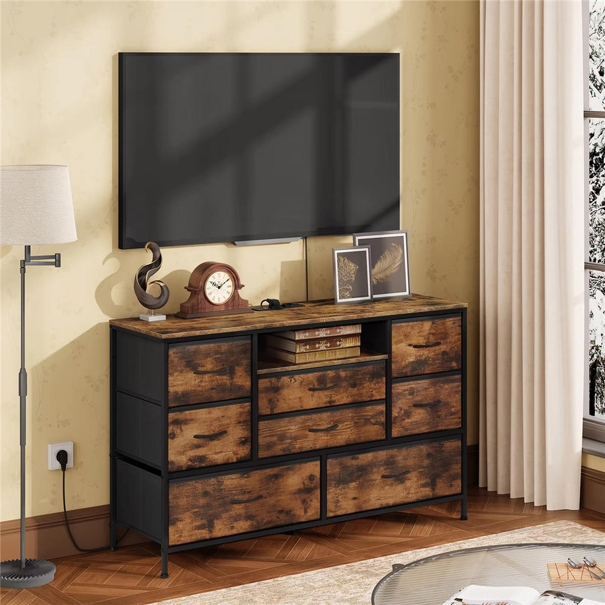 KOMMODE 8 Schubladen mit USB Steckdose Sideboard 120x75x36 cm - Braun, Metall (120/75/36cm) - Kaket