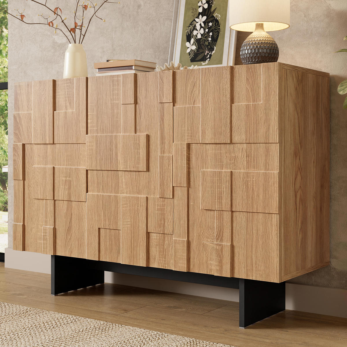 SIDEBOARD Natur Holzoptik Schwarz 3 Türen Verstellbare Böden - Multicolor, Holzwerkstoff (105/76/33.5cm) - FLIEKS