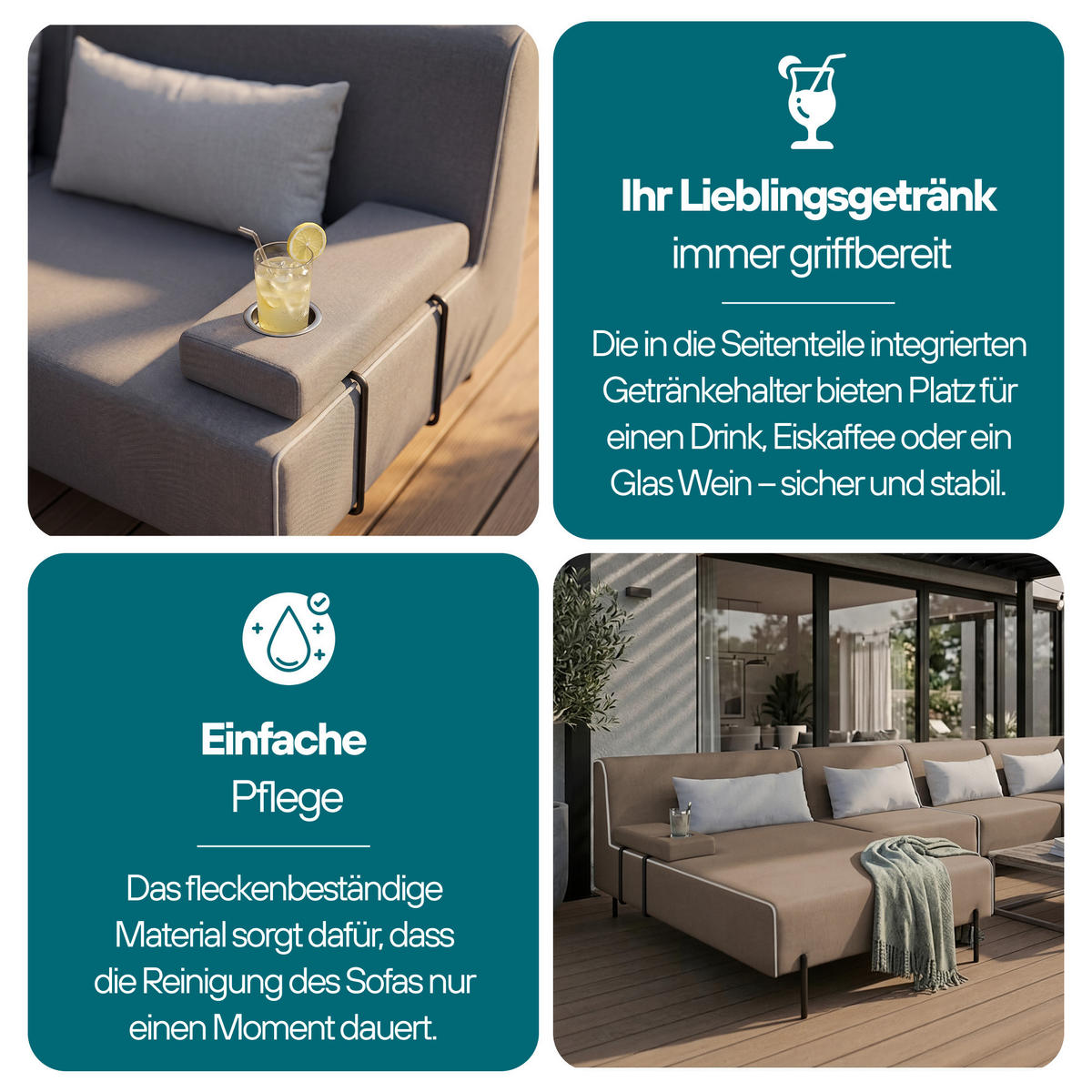 GARTENMÖBEL Set 2 x Sofa und Sessel, BORNEO, UV-beständig, Solide Konstruktion, HR-Schaumfüllung, Wetterfeste Bezugstoff, Beige - Beige, Holz - Trada
