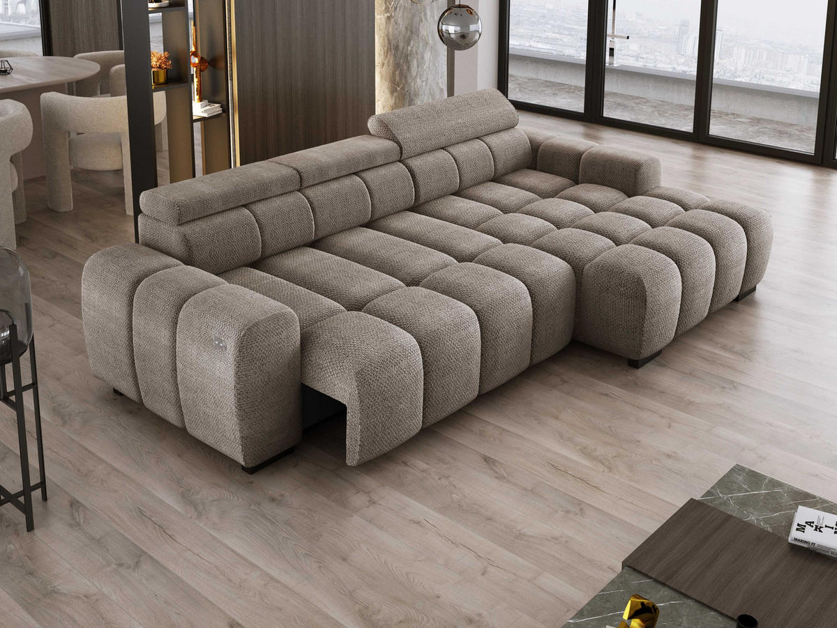 ECKSOFA OMBO 285x168x77/97 cm, Rechts, Schlaffunktion, elektr. Sitz, Kopfstützen, hydrophober EDEN-Stoff – Cappuccino - Cappuccino, Holz/Textil (285/168cm) - DomoHome