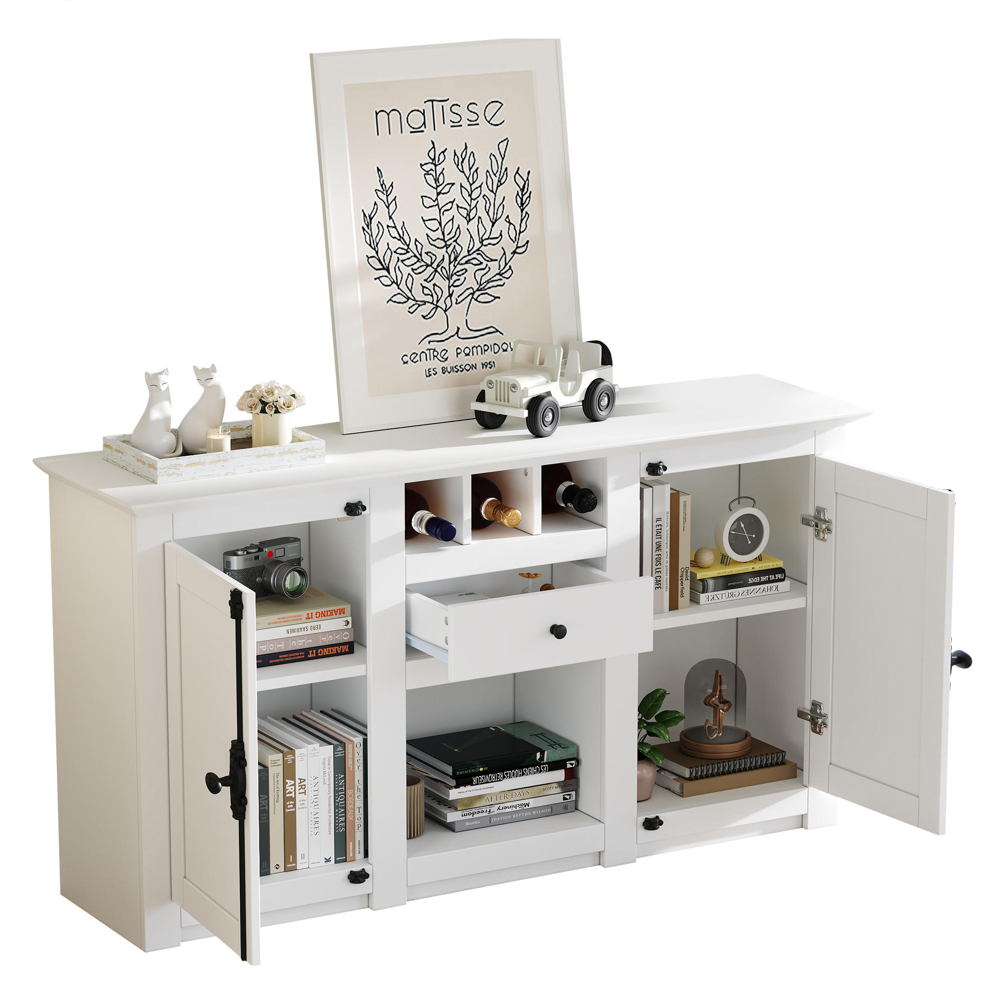 SIDEBOARD aus MDF und Spanplatte 130x35x70 cm Weiß mit 2 Türen, 1 Schublade und 3 Weinfächern - Weiß, Holzwerkstoff (130/70/35cm) - Modfu