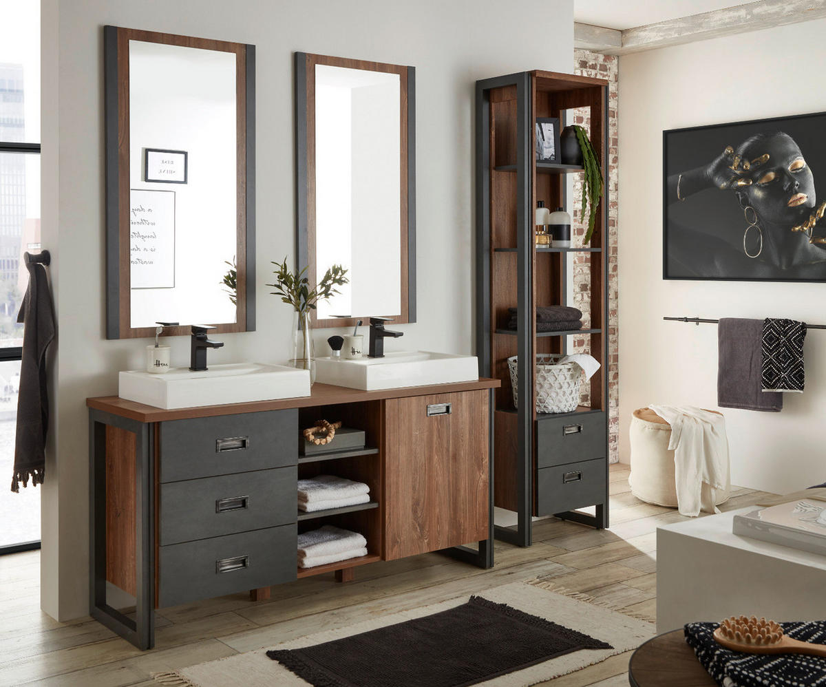 BADMÖBEL-SET 6-teilig Eiche Stirling, Matera grau, Doppelwaschtisch inkl. 2 x Waschbecken 208 x 205 cm Badkombination - Eichefarben/Grau, Holzwerkstoff (208/205/40cm) - Furn.Design