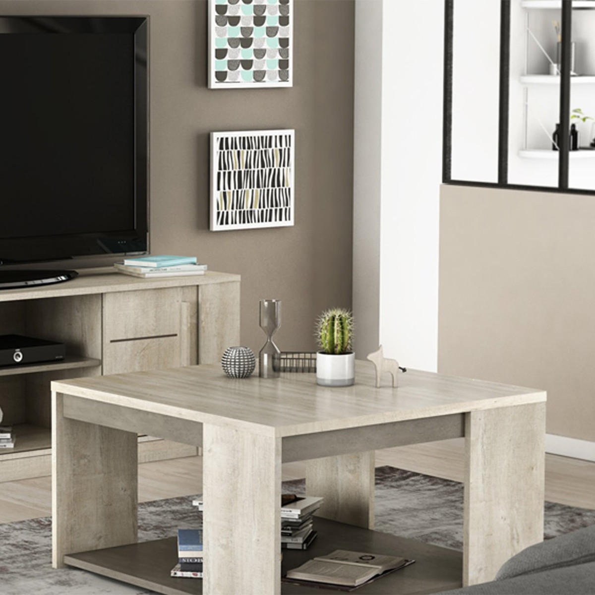 COUCHTISCH Quadratisch L80 cm - Eiche und Beton Dekor - Antibes - Grau, Holzwerkstoff (80/80/44.2cm) - Calicosy