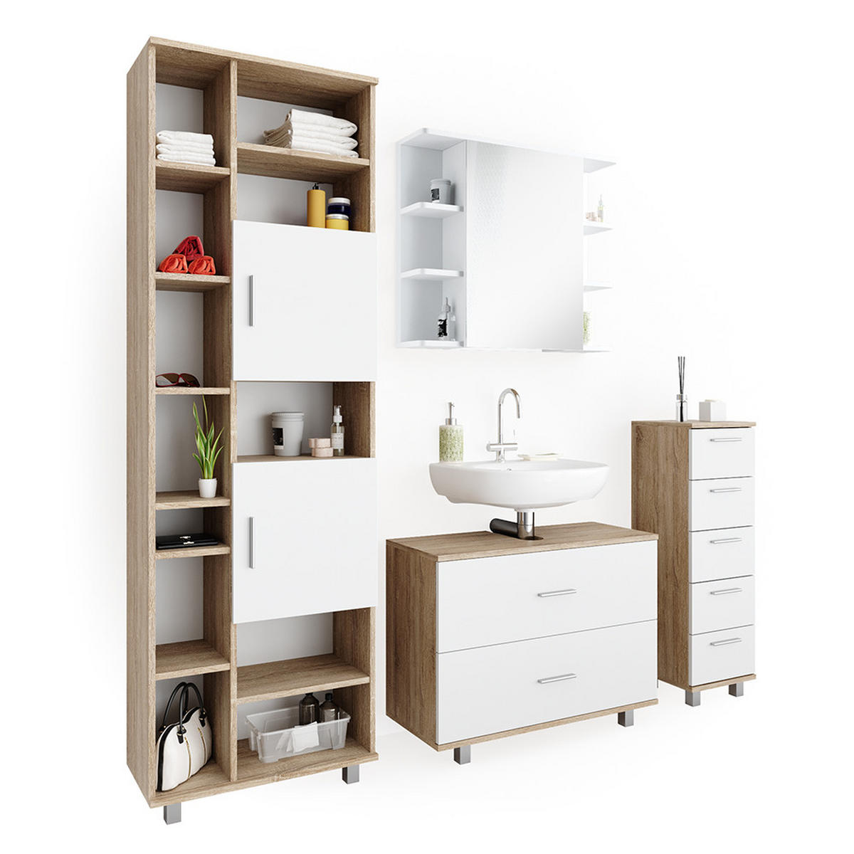 BADMÖBEL-SET Ilias Weiß/Sonoma 4 Teile, mit Hochschrank - Weiß/Sonoma Eiche, Holzwerkstoff (80.2/60.8/33cm) - Vicco