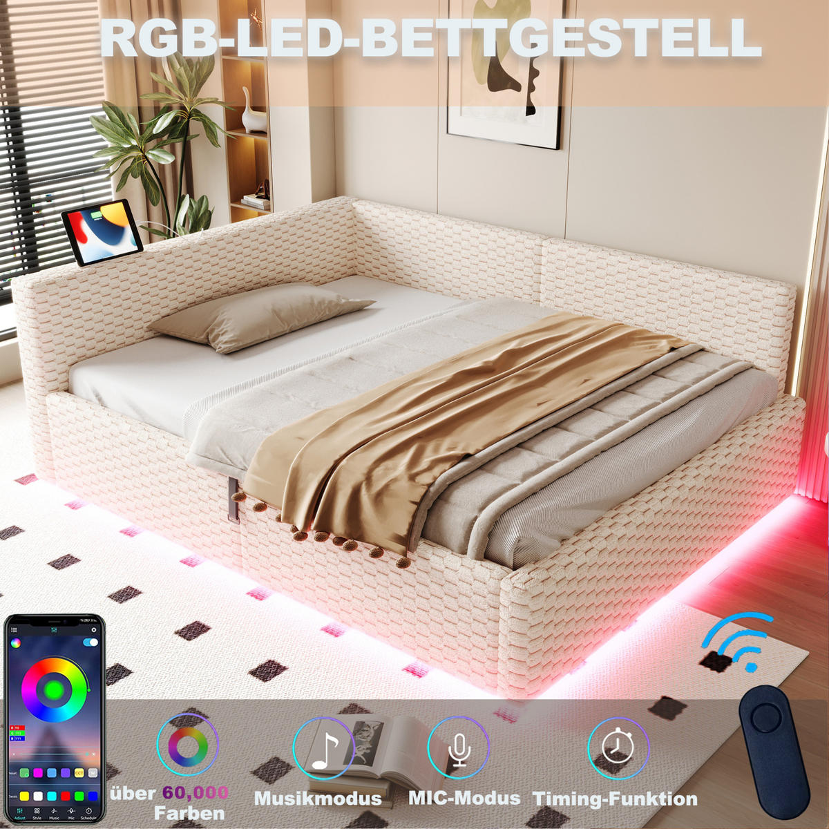 POLSTERBETT 140/200 cm aus Samt mit LED-Beleuchtung, USB-C, Beige - Beige, Textil (140/200cm) - OKMYHOME