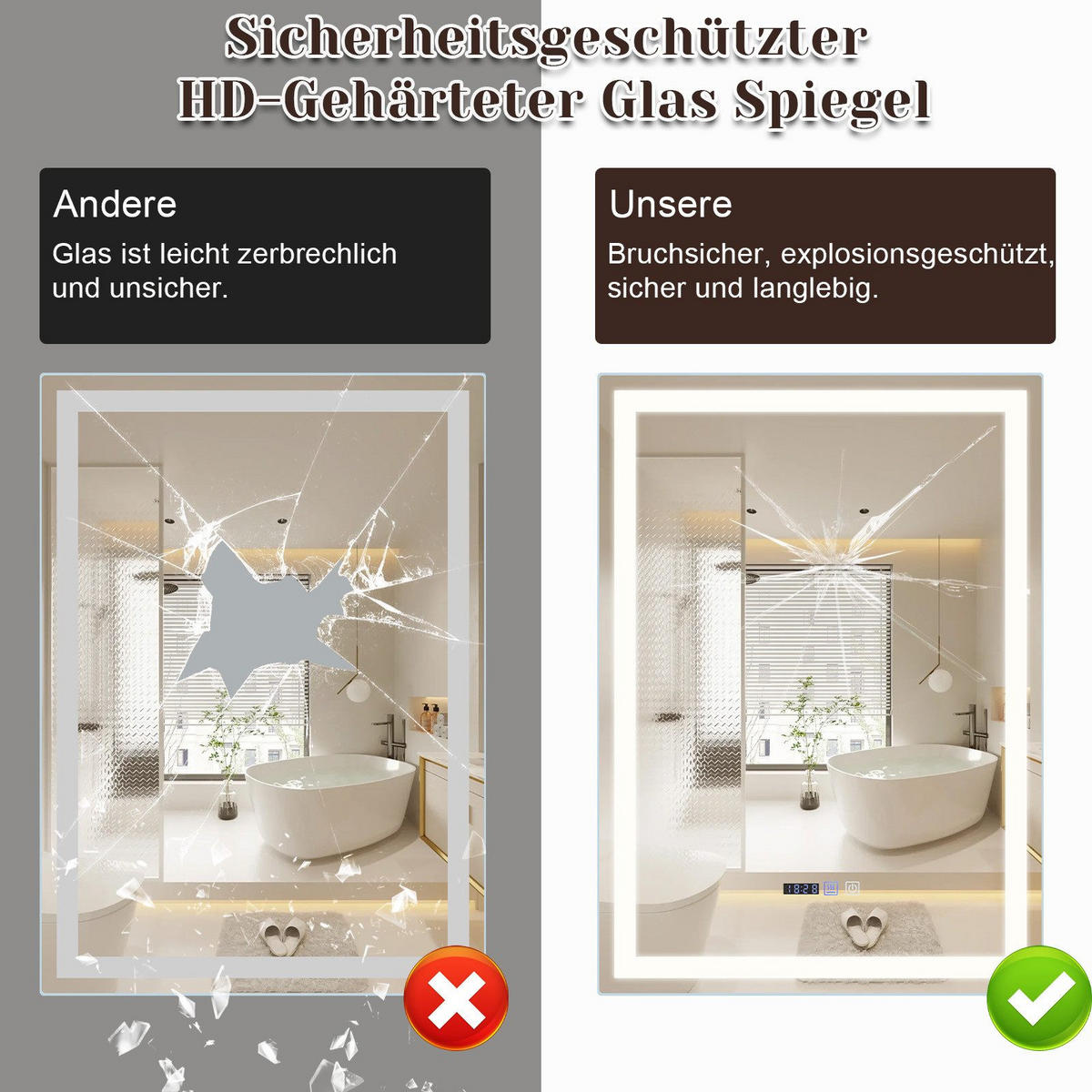 BADEZIMMERSPIEGEL Jena mit LED-Leuchte 60/80/2.5 cm - Weiß, Glas (80/2.5/60cm) - Nettlife