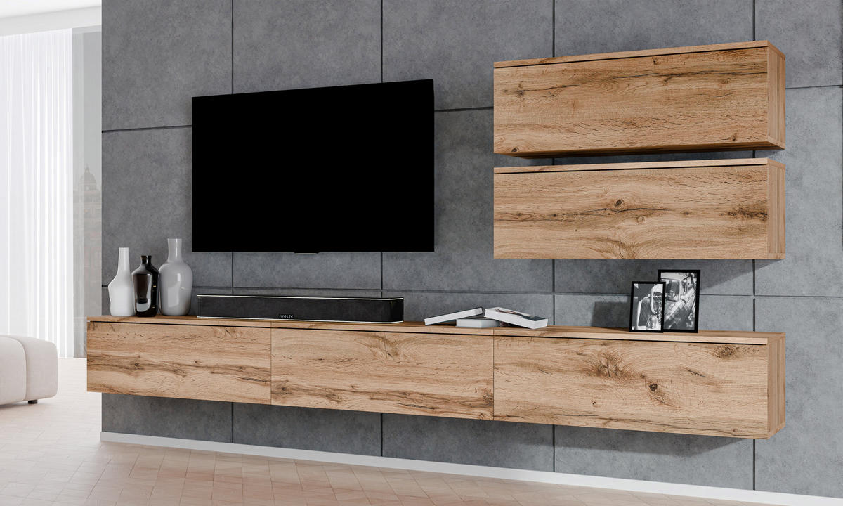 WOHNWAND Loriano V Eiche, Wotan 300/102/32 cm Anbauwand - Braun, Holzwerkstoff/Kunststoff (300/102/32cm) - AX Living