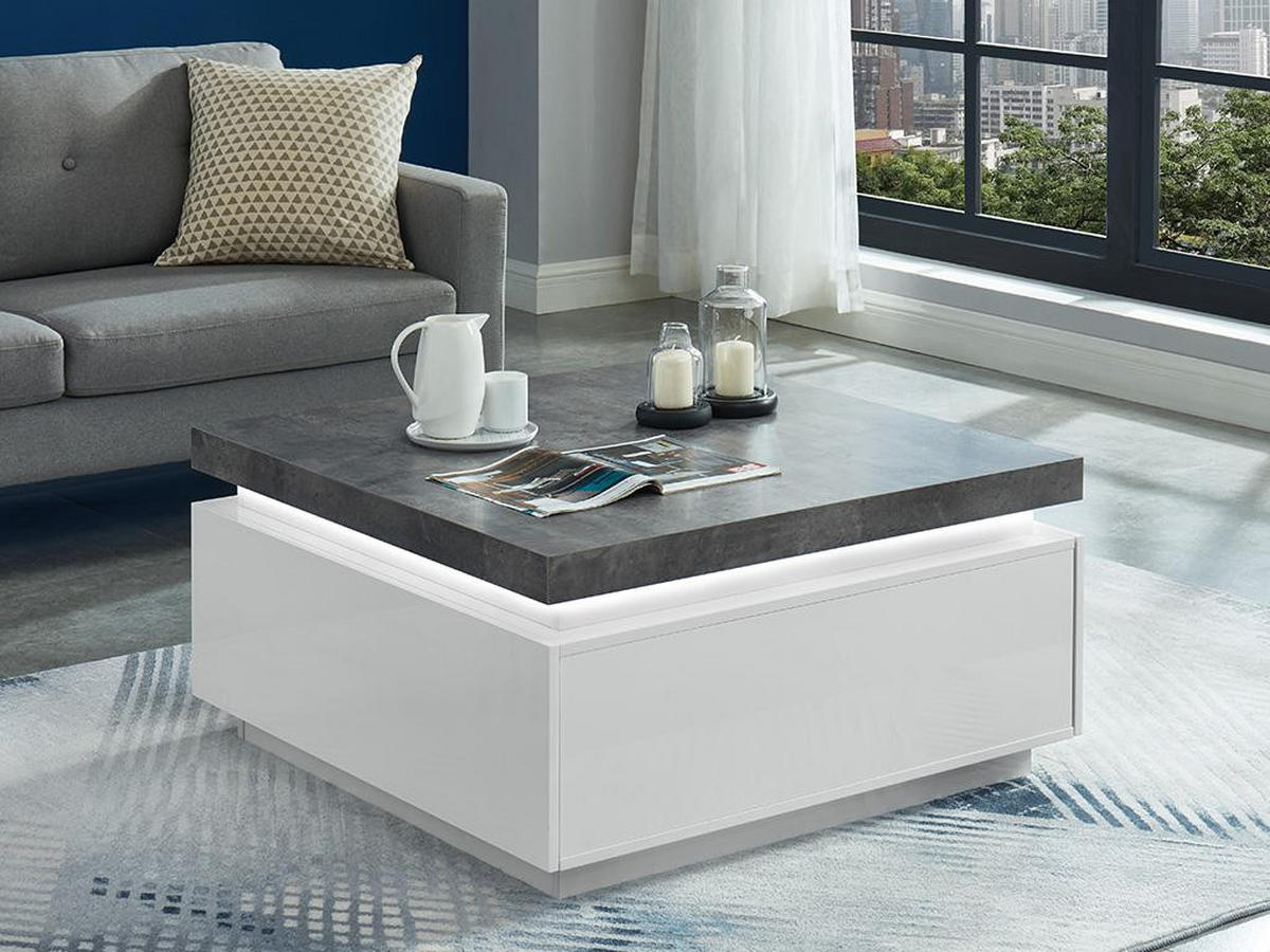 COUCHTISCH mit 2 Schubladen & LEDs - MDF lackiert - Weiß & Beton-Optik- HALO II - Grau, Holz (90/90/45cm) - Vente-Unique