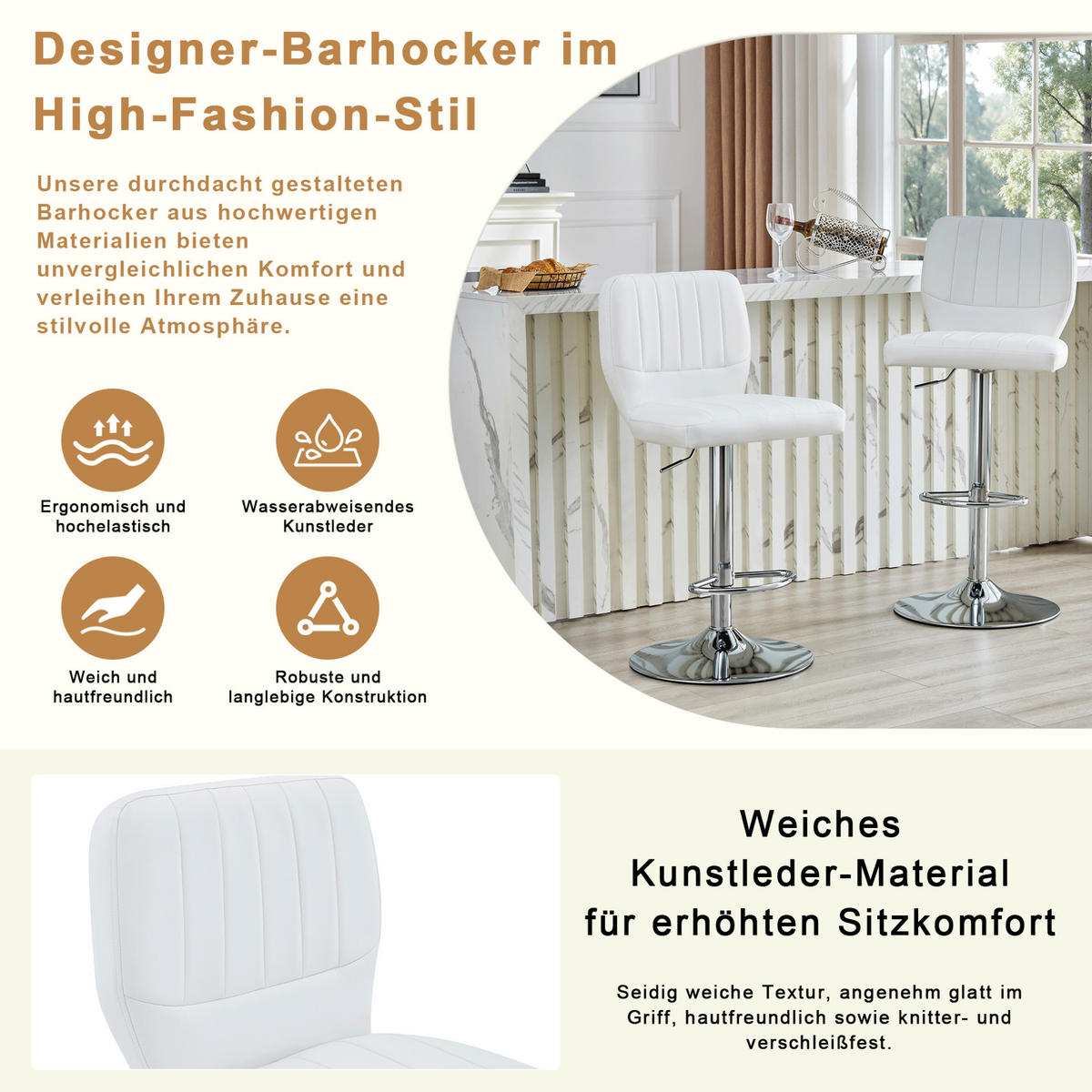 BARHOCKER höhenverstellbar mit Rückenlehne 62-83 cm Silver+White - Silberfarben, Metall (45/114/52cm) - Meubliv