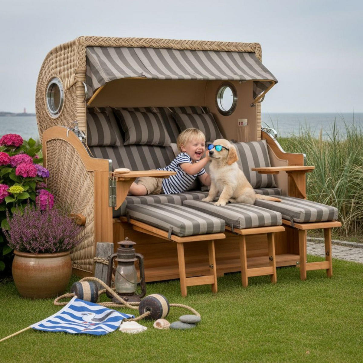 STRANDKORB XXL Baltikum mit Bullaugen - Braun/Grau, Metall (170/170/95cm) - Mr. Deko