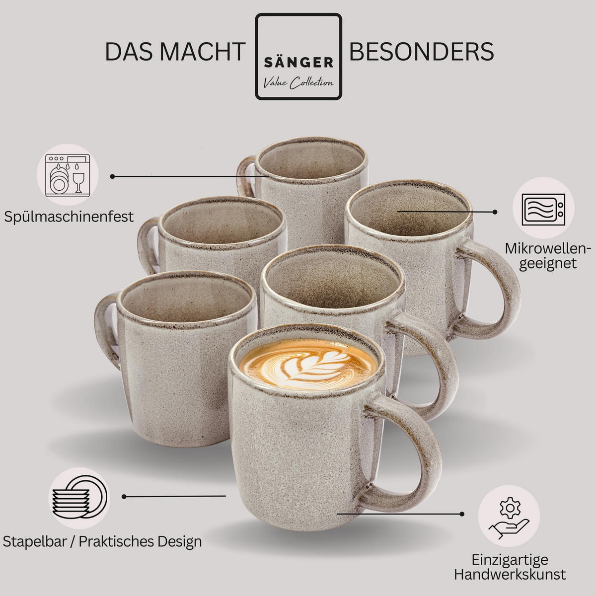 KAFFEEBECHER SET KAIRO CLAY - 6 aus Steingut - Grau, Keramik (0.4L) - Sänger